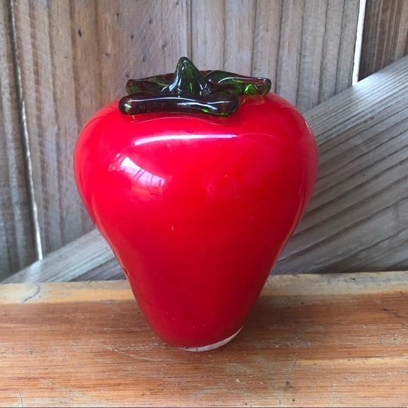 Large Red Strawberry Hand Blown Glass Art Red & Green Lightly Textured - Picture 5 of 5